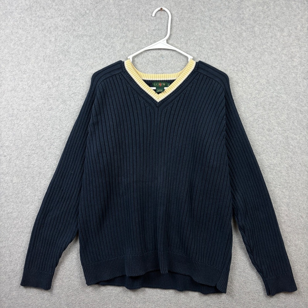 Vintage J Crew Sweater Men XL Blue Ribbed Cotton Pullover Oarsman Cricket V Neck